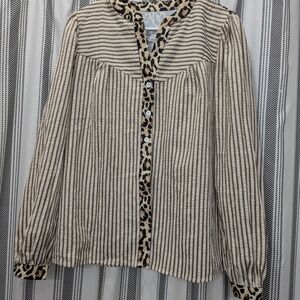 Striped Button-Up Blouse with Leopard Trim